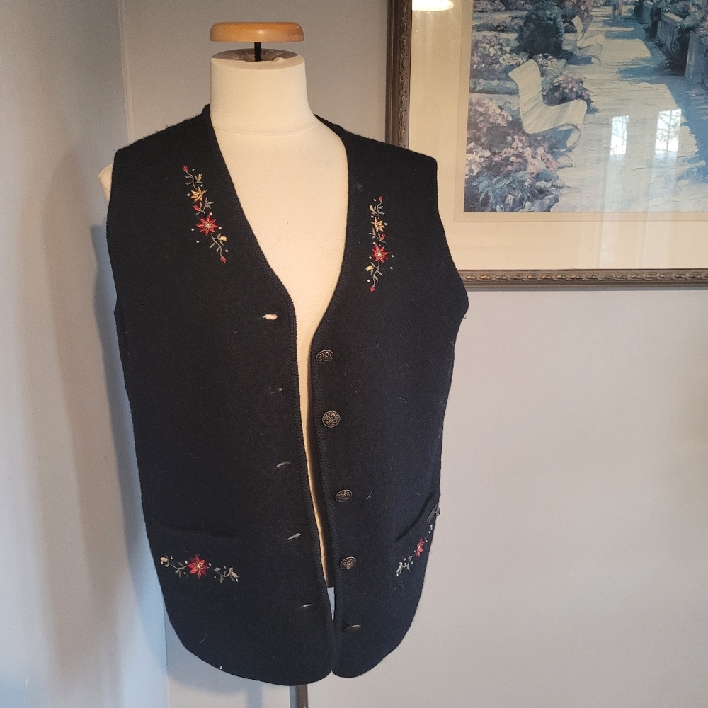 Mat Collection Embroidered Black Wool Vest Size M